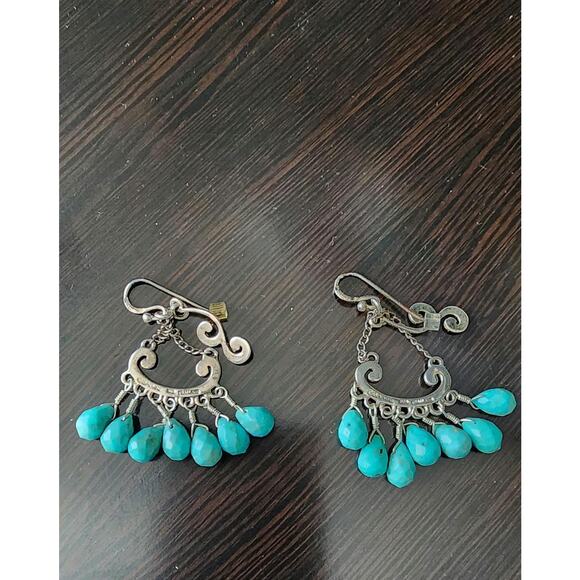 Thailand Sterling Silver Turquoise Nugget Chandelier Dangle Earrings - Picture 2 of 5